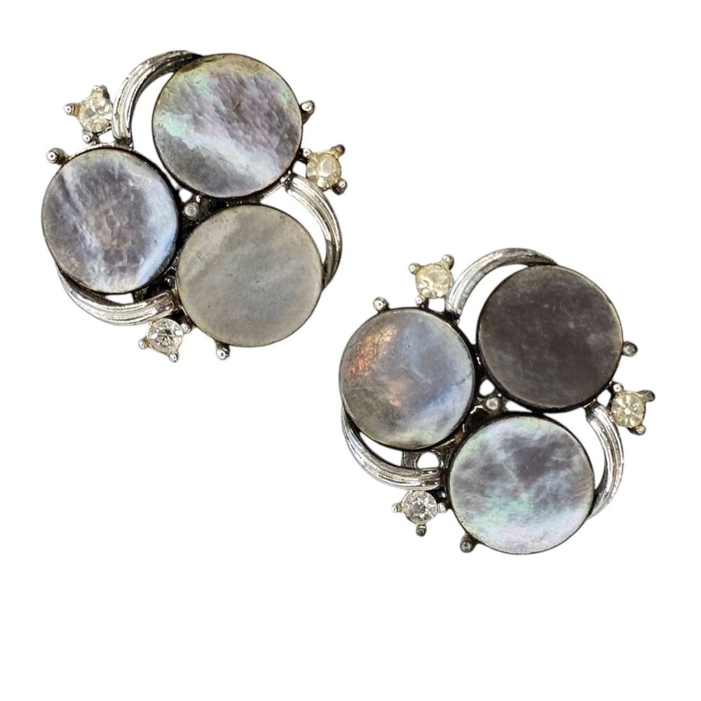 Vtg Mother Of Pearl Clipon Earrings Gray Silver Tone 60s Mod Evening 7/8" Signed